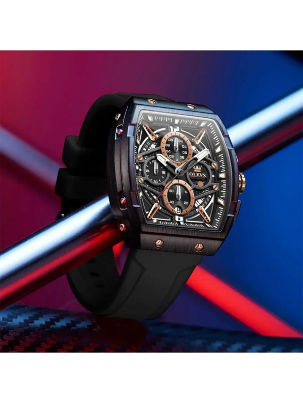Men's Black Chronograph Big Square Analog Silicone Strap Waterproof Wrist Watch